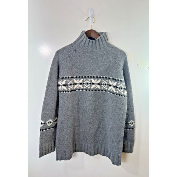 Mens Fair Isle Lambswool Wool Turtleneck Sweater Sz L Gray Classic Warm Festive - Picture 1 of 8